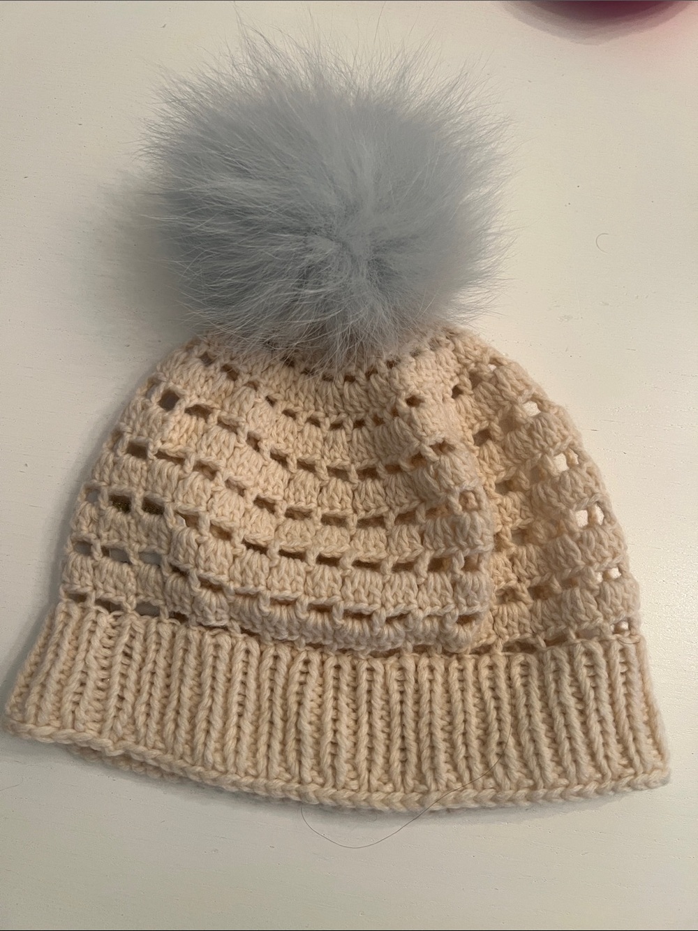 kate spade Cream Crochet Beanie with Light blue Pom